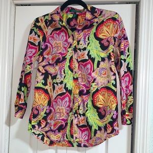 Ralph Lauren S/P Floral Shirt Top Blouse Psychedelic Floral Paisley Button Down